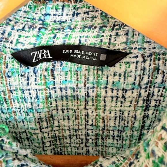 Zara Tweed Top Short Sleeve Button Up Green Blue White Boxy Blouse Size S - Picture 4 of 5